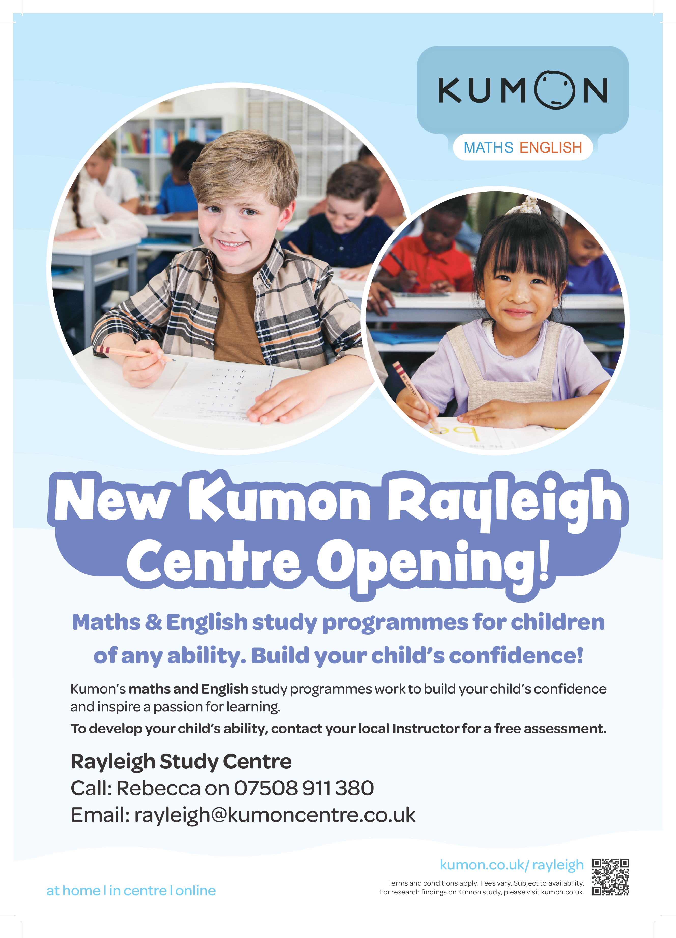 Poster for Kumon Maths & English Class. All information available in event information