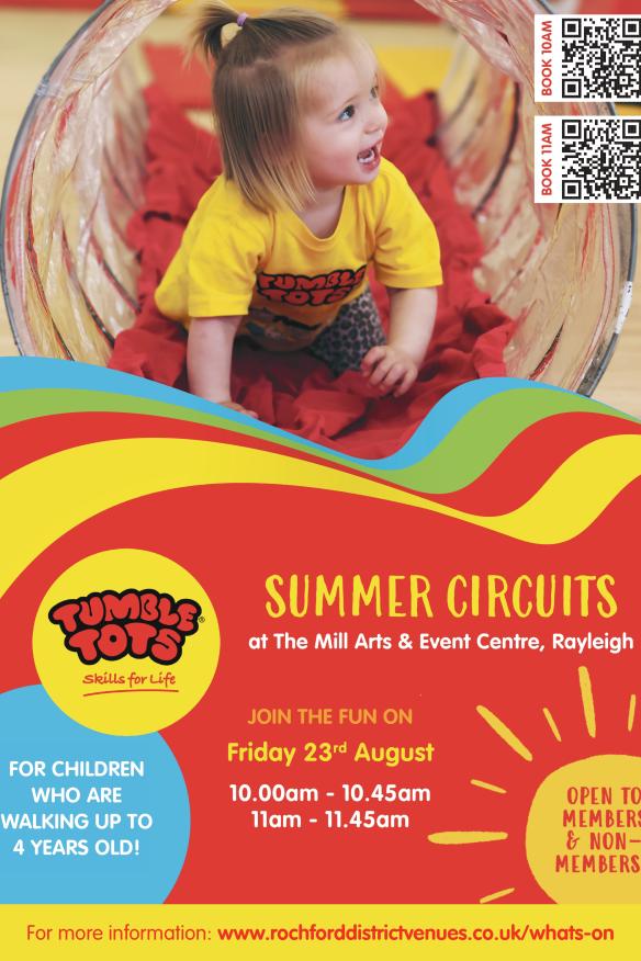 Poster for Tumble Tots Summer Circuits at the Mill. All information can be found in the event information. 
