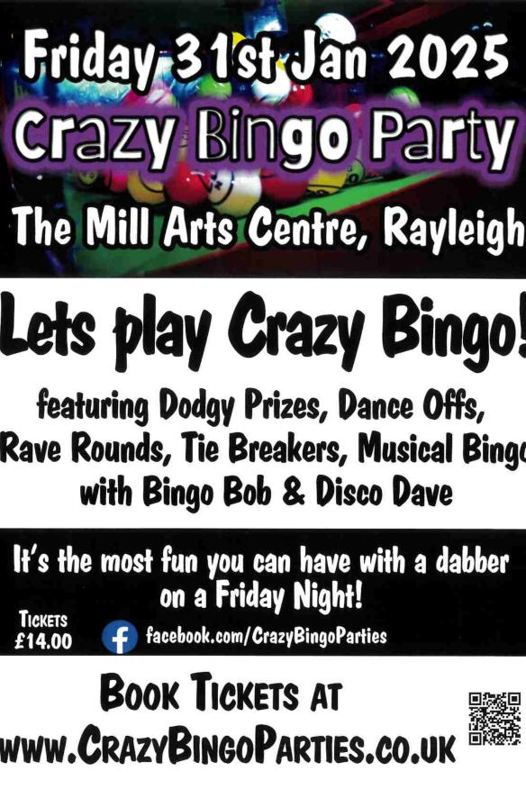 Poster for Crazy Bingo Party. All information on poster available on webpage. 