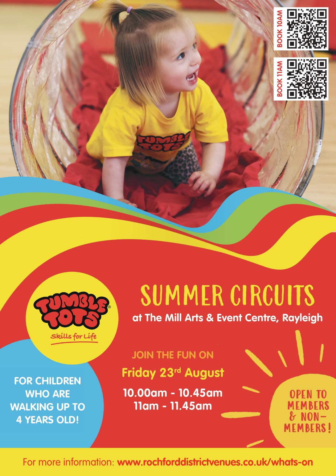 Poster for Tumble Tots Summer Circuits at the Mill. All information can be found in the event information. 