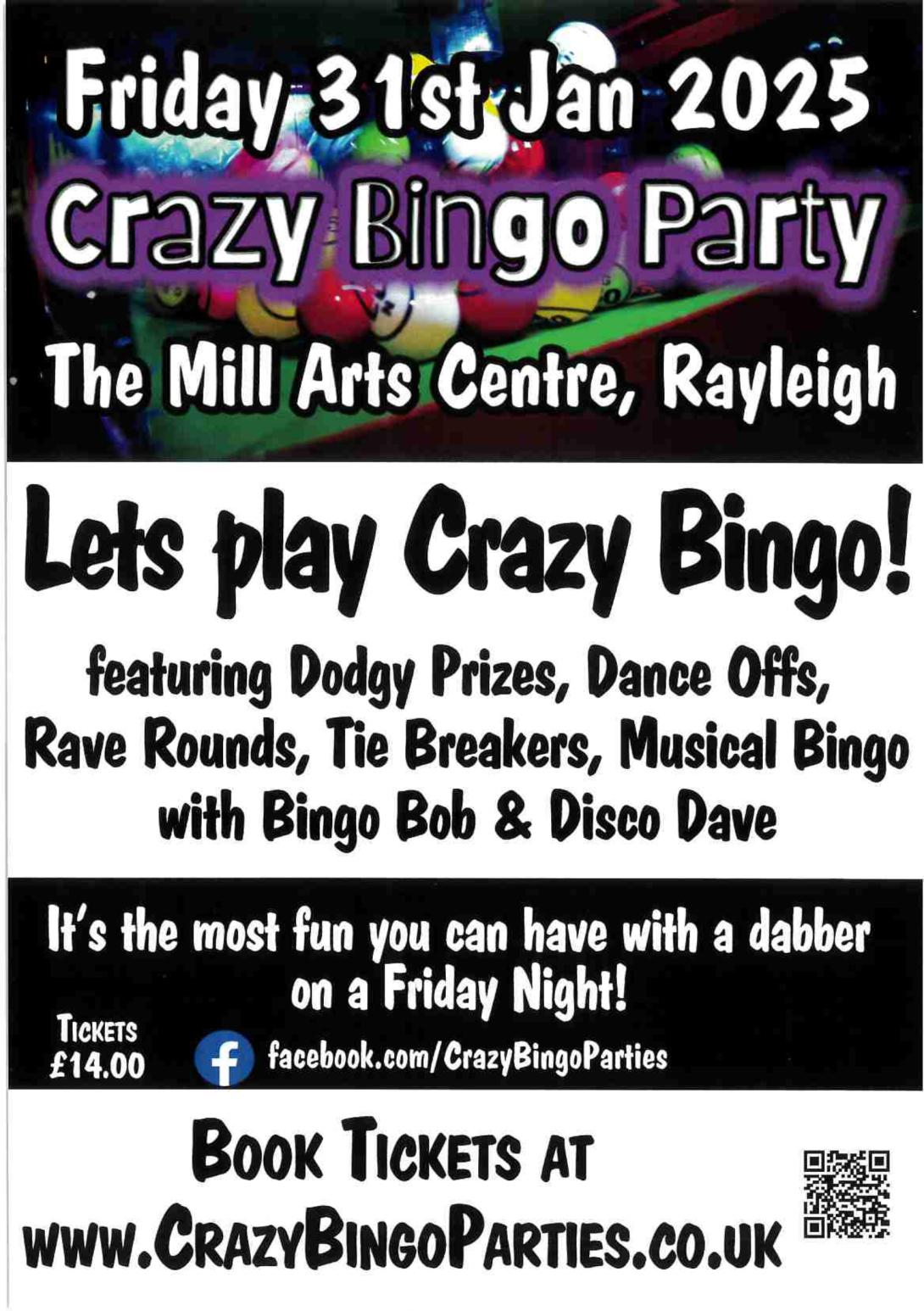 Poster for Crazy Bingo Party. All information on poster available on webpage. 